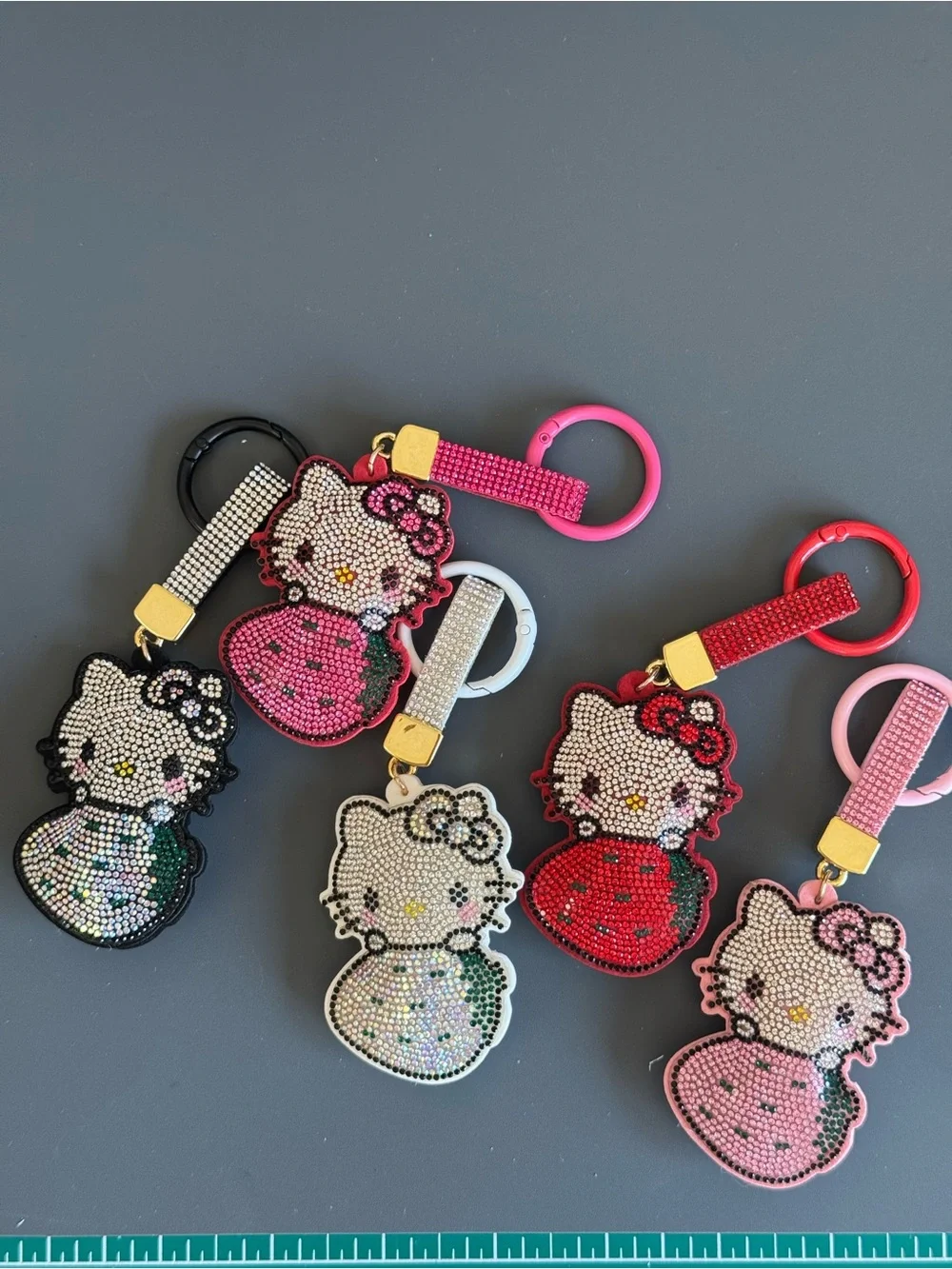 Rhinestone Strawberry HK Kitty Cartoon Character Keychain Bag Charm (Hot Pink)